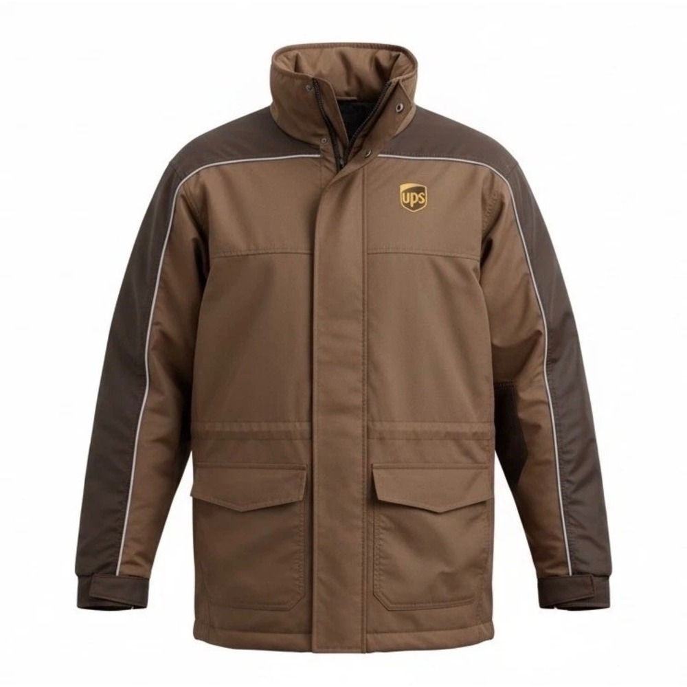 WearGuard UPS Rain Jacket Brown Reflective Workwear‎ Windbreaker Sz L Hood Light